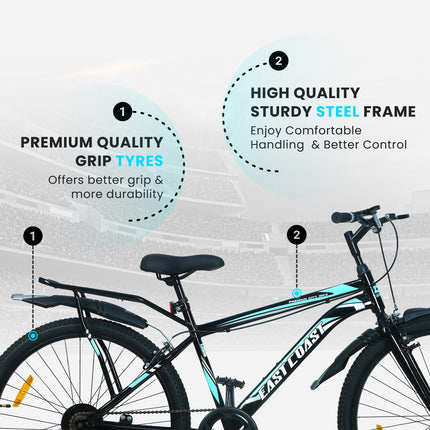 EAST COAST Unisex Premium City Single Speed Cycle/Bicycle | 26T City Bike/City Cycle with Inbuilt Carrier, 18 Inch Frame, Caliper Brake Ideal for 12+ Years (Black Color), Rigid 