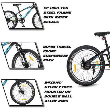 Vaux Blaze 24inch Cycle for Boys & Girls with Disc Brakes, Single Speed MTB Cycle with Front Suspension, Alloy Rims,24x2.40inch Fat Tyre, Bicycle for Boys 10 to 15 Years & Ideal Height 4ft+ (Black) 