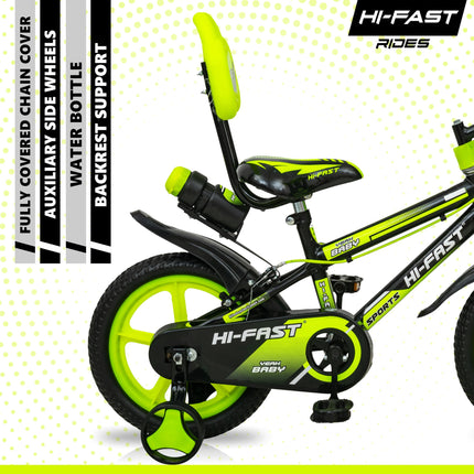 HI-FAST 14 inch Sports Kids Cycle for Boys & Girls 3 to 5 Years with Training Wheels (95% Assembled) (Green) 