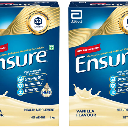 Ensure Complete, Balanced Nutrition Drink For Adults 1kg, Vanilla Flavour, Now With A Special Ingredient HMB And 32 Essential Nutrients To Help Build & Protect Muscle Strength (Pack of 2) 