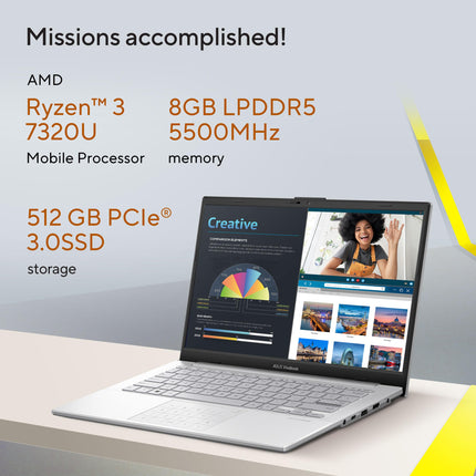 ASUS Vivobook Go 14, AMD Ryzen 3 7320U, Thin and Light Laptop, 14" (35.56 cm) FHD, (8 GB RAM/512GB SSD/Windows 11/Office 2021/42WHr /Silver/1.38 kg), E1404FA-NK321WS 