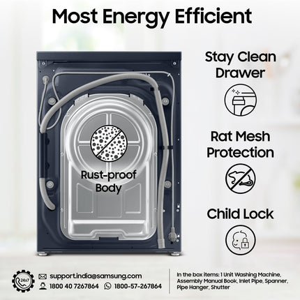 Samsung 12 kg, 5 Star, AI Control, Super Speed, Wi-Fi, Hygiene Steam with Inbuilt Heater, Digital Inverter, Fully-Automatic Front Load Washing Machine (WW12DB8B54GSTL, Navy) 