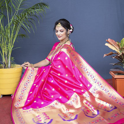 SGF11 Women's Paithani Kanjivaram Pure Soft Silk Handloom Saree Pure Golden Zari With Blouse Piece (Pink) 