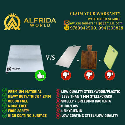 ALFRIDA WORLD Steel Chopping Board – 1st Time in India -New Launch | ISO Certified Sockist’s 202 Grade Stainless Steel Chopping Board Large | Heavy-Duty Chopping Board Steel | 30 Year Warranty (M) 