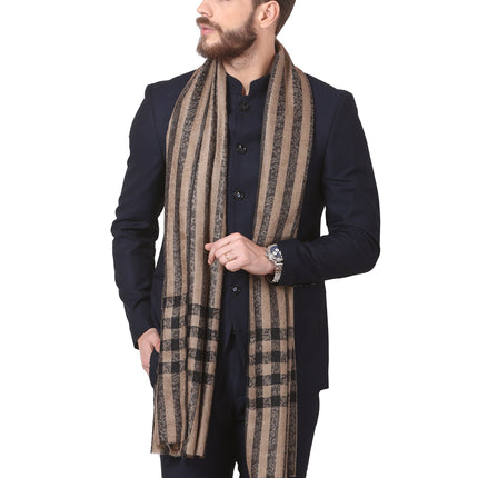 Pashtush Woven Mens Fine Wool Stole, Check-Stipe Design, Mens Muffler, Warm Cashmere Feel (Black)