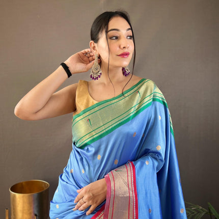 SGF11 Women's Paithani Soft Silk Kanjivaram Sarees With Blouse Piece (Light Blue) 