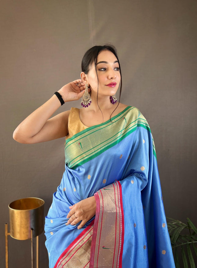 SGF11 Women's Paithani Soft Silk Kanjivaram Sarees With Blouse Piece (Light Blue) 
