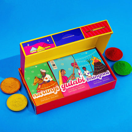 Phool Holi Colour - Rangeela Gift Box - Pack of 6 Natural Colours I 600 GMS (6 Colour x 100 GMS) Pink, Green, Blue, Yellow, Orange & Purple I Skin Friendly and Certified I Easy to Remove from Skin 