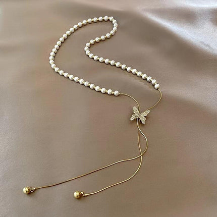 Fashion Frill Elegant Golden Chain Necklace For Women Butterfly Pearl Long Chain Pendant Necklace For Women Girls Love Gifts Womens Jewellery