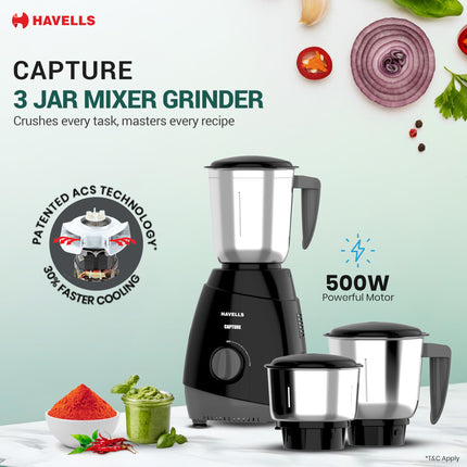 Havells Capture 500 Watts 3 Jar Mixer Grinder|High Speed Mixie 21000 RPM Motor|Rust Resistant 304SS Blades| 1.5 Ltr Bigger Size Blending Jar| 1 Yr Manufacturer Warranty | Overheat Protection (Black) 