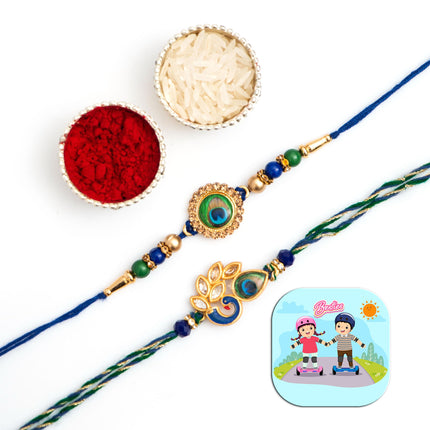 CraftVatika Peacock Rakhi for Brother Mor Pankh Rakhi for Bhaiya Set of 2 for Bhai Boy Kids Combo for Rakshabandhan, with Fridge Magnet for Door Decor 