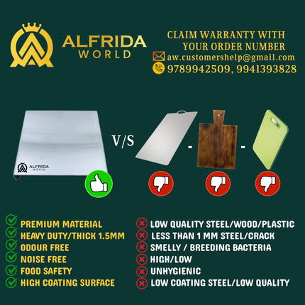 ALFRIDA WORLD Steel Chopping Board – 1st Time in India -New Launch | ISO Certified Sockist’s 304 Grade Stainless Steel Chopping Board Large | Heavy-Duty Chopping Board Steel | Life Time Warranty (L)