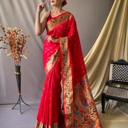 SGF11 Women's Paithani Soft Lichi Silk Kanjivaram Sarees With Blouse Piece (Red) 