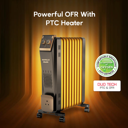 Havells 9 Fin Hestio Straight Fin OFR (Oil Filled Radiator)|Room Heater|2400 W|3 Heat Settings & PTC Fan Heater|Inclined Control Panel|Retractable Wheels| Comfortable Breathing|360° Heating (Black) 