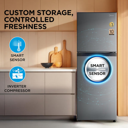 Midea 253 L,2 Star Frost Free Double Door Refrigerator with real Inverter Compressor, Deo Fresh TechnologyEnergy Efficient,Stabilizer Free Operation, Adjustable Shelves (MDRT350FGI50, Crystal Silver) 