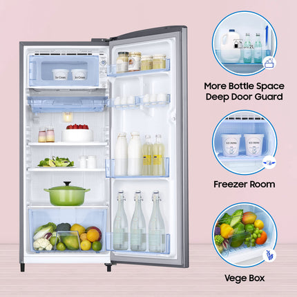 Samsung 183 L, 3 Star, Digital Inverter, Direct-Cool Single Door Refrigerator (RR20C1723S8/HL, Silver, Elegant Inox) 