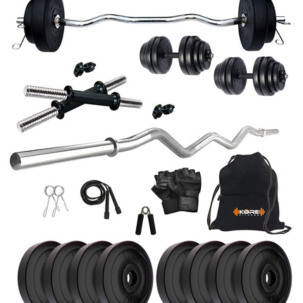 Kore PVC 16 Kg Home Gym Set With One 3 Ft Curl And One Pair Dumbbell Rods With Gym Accessories, Black 