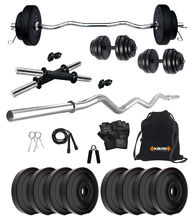 Kore PVC 16 Kg Home Gym Set With One 3 Ft Curl And One Pair Dumbbell Rods With Gym Accessories, Black 
