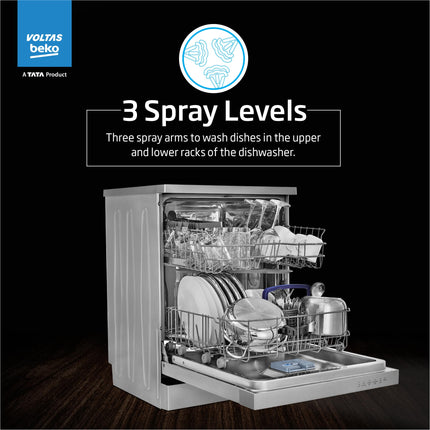 Voltas Beko 14 Place Setting Dishwasher, AquaFlex, AquaIntense (DF14S2,Silver), Free 1 Year Extended warranty 