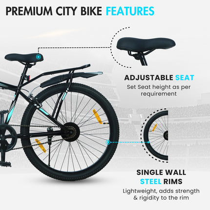 EAST COAST Unisex Premium City Single Speed Cycle/Bicycle | 26T City Bike/City Cycle with Inbuilt Carrier, 18 Inch Frame, Caliper Brake Ideal for 12+ Years (Black Color), Rigid 