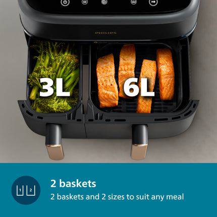 PHILIPS Air Fryer NA352/00 with Rapid Air Technology, 9L capacity, Dual basket (6L & 3L) for full oven tray cooking, 8 Preset Menus, Intuitive touch control, 90% less oil, 500+ Recipes, Extra Large 