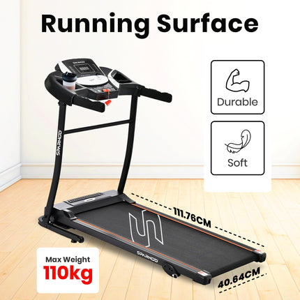 Sparnod Fitness STH-1200 Motorized Treadmill for Home Use, 4 HP Peak DC Motor, 12 km/hr Speed, 110 kg Max User Weight, 12 Preset Workouts, Manual Incline, Hi-Fi Speaker, Safety Key,Black 