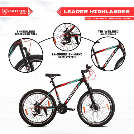 Leader Highlander 26T 21-Speed Alloy MTB Cycle| Free Pan India Installation | Dual Disc Brake and Front Suspension Ideal for 12+ Years 