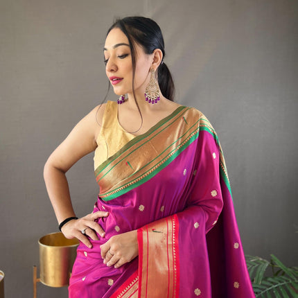 SGF11 Women's Paithani Soft Silk Kanjivaram Sarees With Blouse Piece (Dark Pink) 