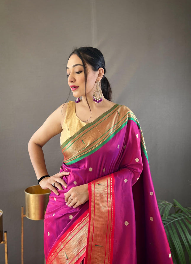 SGF11 Women's Paithani Soft Silk Kanjivaram Sarees With Blouse Piece (Dark Pink) 