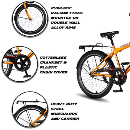 Vaux Plus 24inch Cycle for Boys with Carrier, 24T Cycle for Kids with Steel Frame, Rigid Fork, Alloy Rims,24x2.125inch Ralson Tyre, Bicycle for Kids 10 to 15 Years (Orange) 