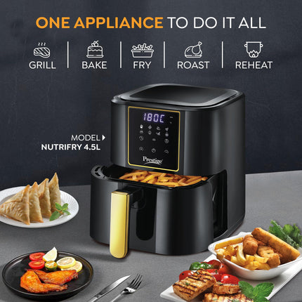 Prestige Nutrifry Electric Digital Air Fryer| 80% less Oil Consumption|4.5L Capacity |1200 Watts Power|Fry,Grill,Roast,Bake,Reheat|Digital Display with 8 Preset Menu|Easy to Clean Frying Basket|Black 