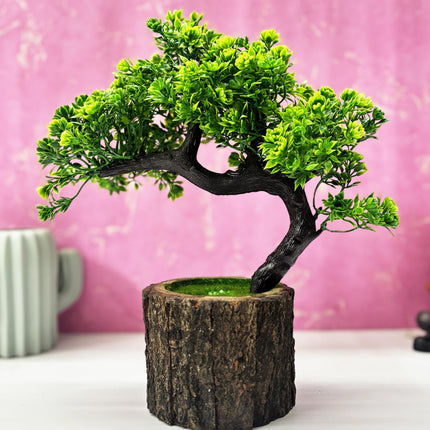 Dekorly Plastic Small Artificial Plant Bonsai Tree Fake Plant Potted House Plants Japanese Pine Bonsai Plant Faux Bonsai For Home Indoor Decoration Office(Wooden Potted Plants,Design-H) 