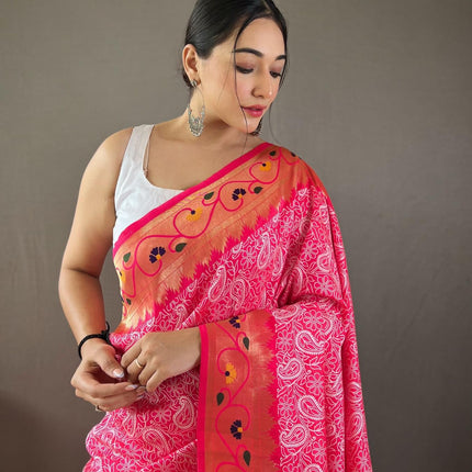 SGF11 Women's Paithani Soft Lichi Silk Kanjivaram Sarees With Blouse Piece (Pink) 