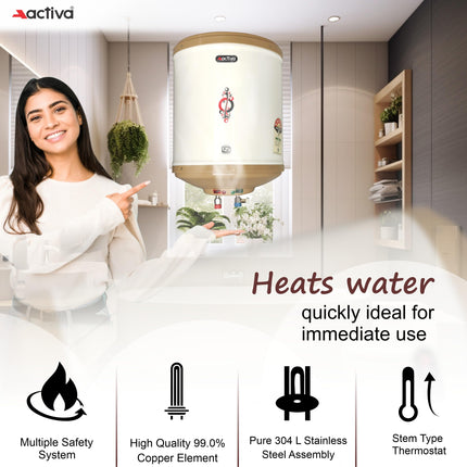 Activa Amazon 10 Liter Water Heater Geyser, ISI Copper Element 3 KVA (0.8mm), Instant Heat Water, Anti Rust Coated Tank, ABS Body, BEE 5 Start Rating, Energy Efficient, 5 Year Warranty - IVORY 