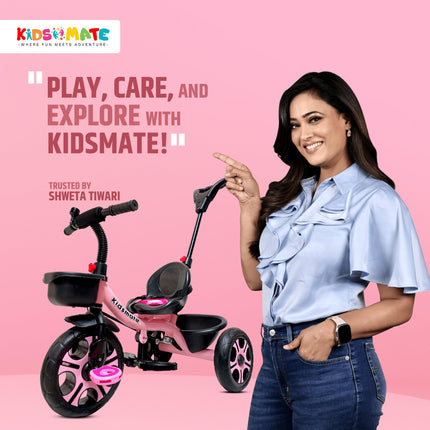 Kidsmate Junior Tricycle for Kids with Parental Control | Cycle for Kids 1-4 Years | Baby Cycle | Bicycle for Kids with Storage Basket, Cushion Seat and Seat Belt Carrying Capacity 30 Kgs (Pink) 