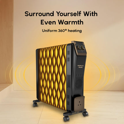 Havells Hestio 15 Wave Fin OFR (Oil Filled Radiator)|Room Heater|2900 W|3 Heat Settings & PTC Fan Heater|Inclined Control Panel|Retractable Wheels| Comfortable Breathing|360° Heating (Black) 