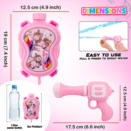 Zest 4 Toyz Holi Water Pichkari for Kids Unicorn Back Holding Tank Water Gun with 100 Water Balloons and Herbal Gulal for Holi Celebration 