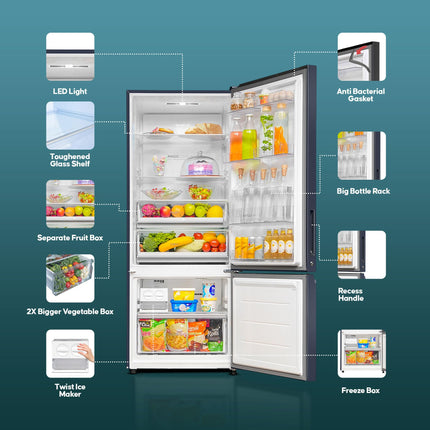 Haier SmartChoice 445 L 2 Star Frost Free Bottom Mount Double Door Refrigerator | Convertible 14-in-1 | Jhukna Mat-Bottom Freezer | Digital Display Panel | Triple Inverter (HEB-452TS-P, Inox Steel) 