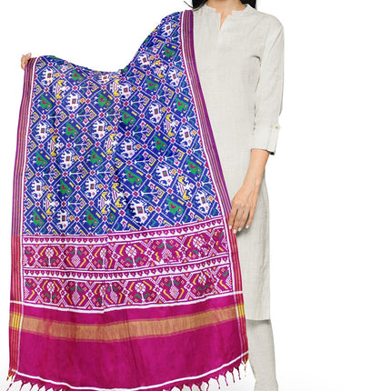 Garvi Gurjari Blue and Magenta Handwoven Double Ikat Silk Dupatta | Handloom Dupatta | Patan Patola | Length 2.5mtr 