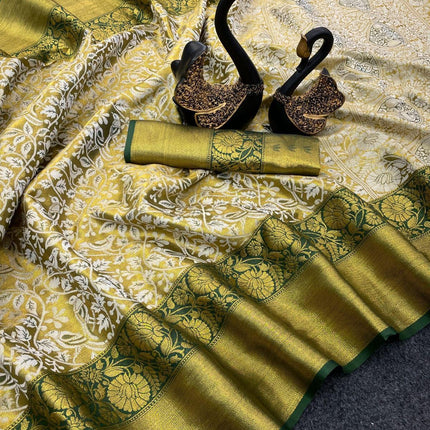 ZECVA Women's Pure Kanchipuram Kanjivaram Silk Saree For Women With Zari Weaving All Over Saree Attach With Unstitch Blouse Piece (GREEN) 