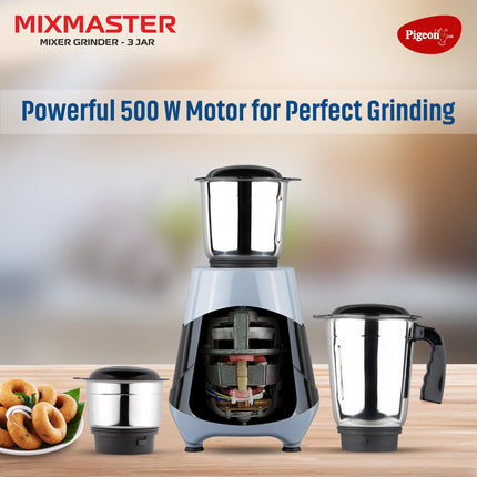 Pigeon by Stovekraft Mix Master Mixer Grinder for Kitchen | 500 Watts | 3 MultiPurpose Jars for Juicing | Chutney Making | Dry Grinding | Wet Grinding | Mincing | Blender|Mixer | 2Year Warranty 