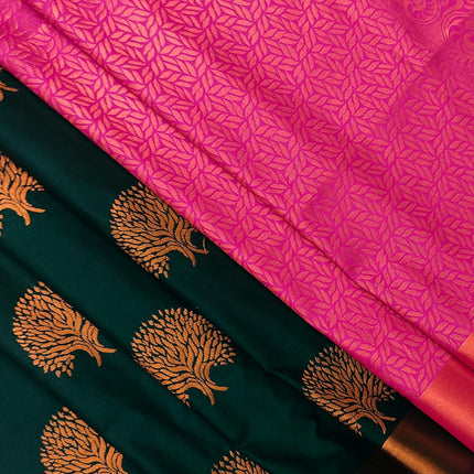 Kanchipuram Pure Silk Saree Original Golden Zari Intricate Jacquard Weaves Traditional Rich Border & Contrast Zari Rich Pallu(Green)-Silk Mark 