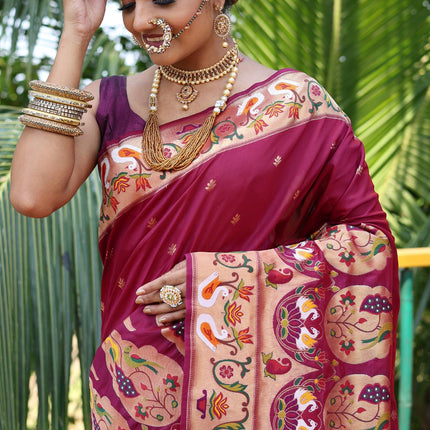 SGF11 Women's Kanjivaram Paithani Silk Saree Pure Golden Zari With Blouse Piece(Rani Pink) 