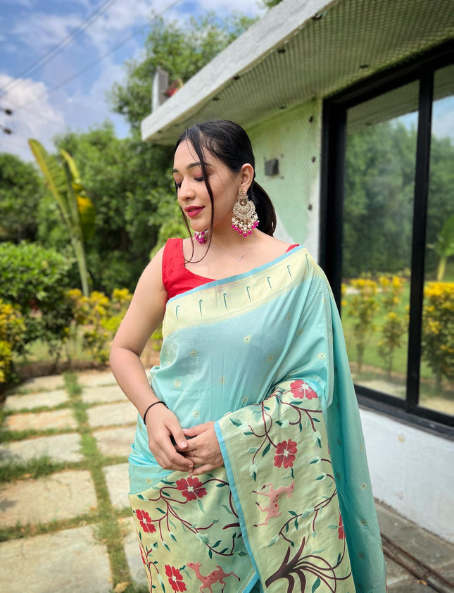 SGF11 Women's Paithani Soft Lichi Silk Banarasi Sarees With Blouse Piece (Light Blue) 