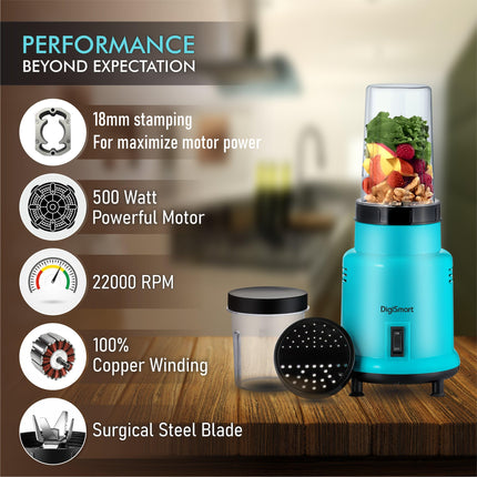 DIGISMART Nutri Mixer Grinder With 2 Jar | 500 Watt | Long Lasting Shock Proof Abs Body | Heavy Duty Motor Multi Purpose Blade Come With 1 Years Warranty (Blue) 