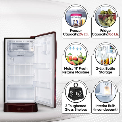 LG 210 L, 5 Star, Direct Cool, Smart Inverter Compressor, Single Door Refrigerator (2025 Model, GL-D231ASAU, Scarlet Aurora, Moist 'N' Fresh, Base stand with Drawer & Fast Ice Making) 
