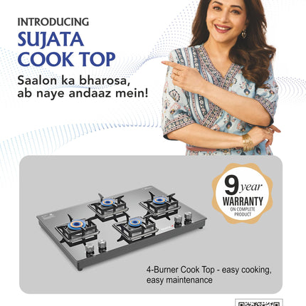 Sujata Cross Gas Stove | 9 Years Warranty | 4 Burner Gas Stove Glass Top, SABAF, ISI Certified, LPG & PNG Compatible, 360° Rotating Brass Gas Nozzle, Jumbo Brass Burner (Black) 