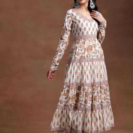 Libas Off White Printed Cotton A-Line Kurta With Palazzos & Dupatta 