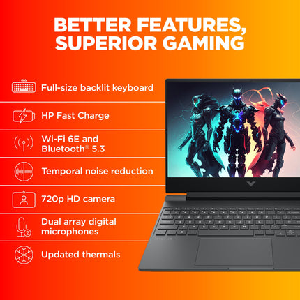 HP Victus, 13th Gen Intel Core i7-13620H, 6GB NVIDIA RTX 4050, 16GB DDR6, 1TB SSD (Win11, Office21, Silver, 2.3kg) 144Hz, IPS, 15.6-inch(39.6cm) Flicker-Free Gaming Laptop, Enhanced Cooling, fa1332TX 