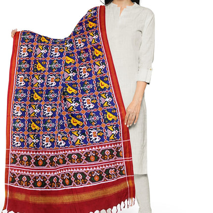 Garvi Gurjari Blue and Red Handwoven Double Ikat Silk Dupatta | Handloom Dupatta | Patan Patola | Length 2.5mtr 